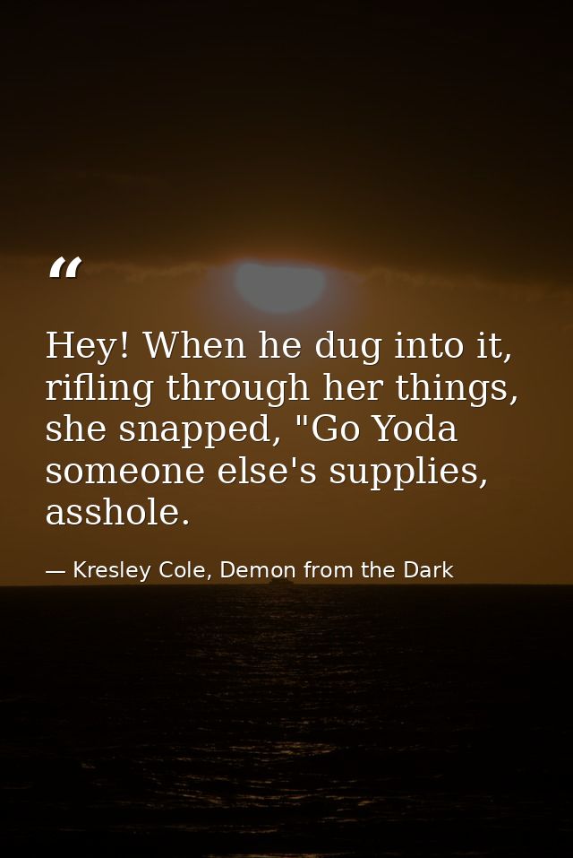 Hey! When he dug into it, rifling through her things, she snapped, "Go Yoda someone else's supplies, asshole. — Kresley Cole, Demon from the Dark