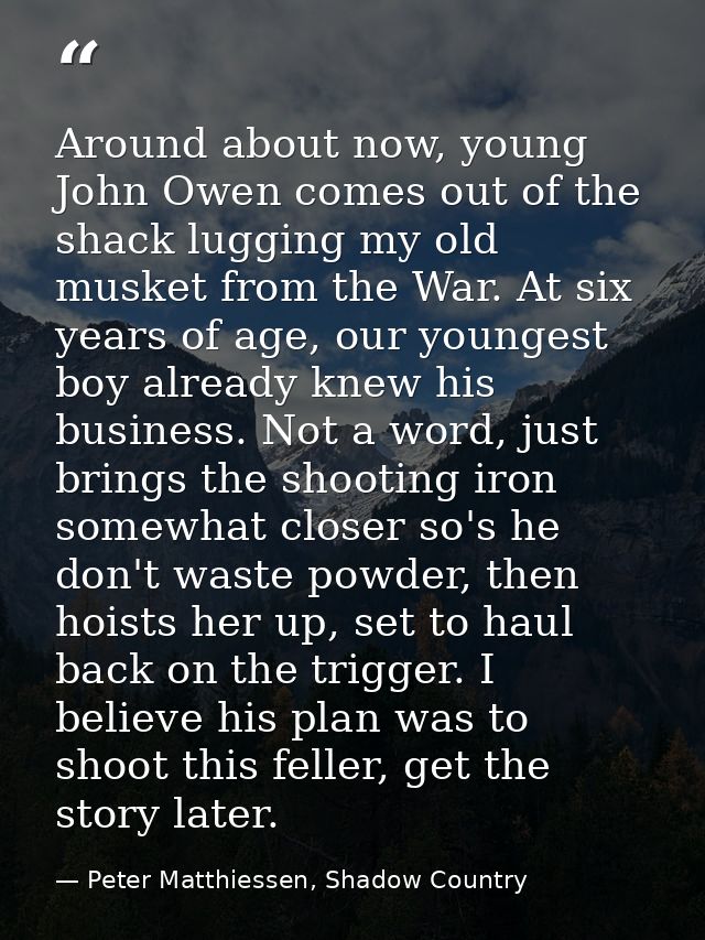 Around about now, young John Owen comes out of the shack lugging my old musket from the War. At six years of age, our yo — Peter Matthiessen, Shadow Country