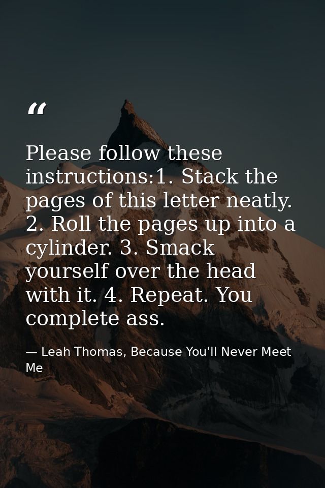 Please follow these instructions:1. Stack the pages of this letter neatly. 2. Roll the pages up into a cylinder. 3. Smac — Leah Thomas, Because You'll Never Meet Me