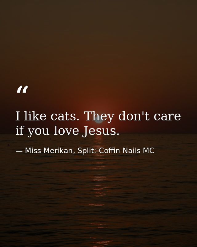 I like cats. They don't care if you love Jesus. — Miss Merikan, Split: Coffin Nails MC