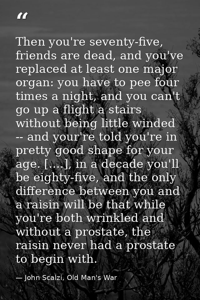 Then you're seventy-five, friends are dead, and you've replaced at least one major organ: you have to pee four times a n — John Scalzi, Old Man's War
