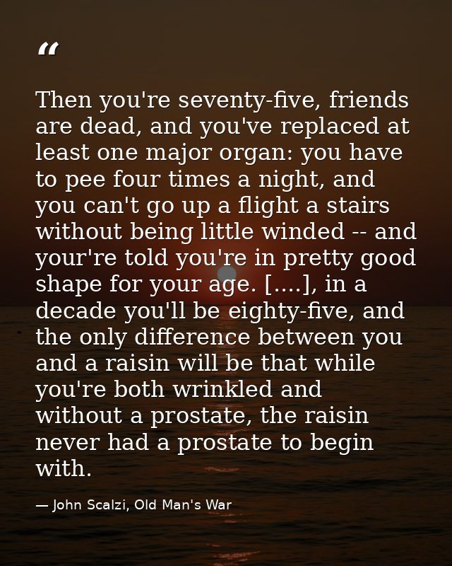 Then you're seventy-five, friends are dead, and you've replaced at least one major organ: you have to pee four times a n — John Scalzi, Old Man's War