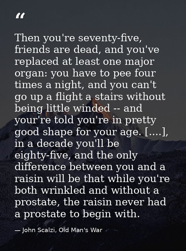 Then you're seventy-five, friends are dead, and you've replaced at least one major organ: you have to pee four times a n — John Scalzi, Old Man's War