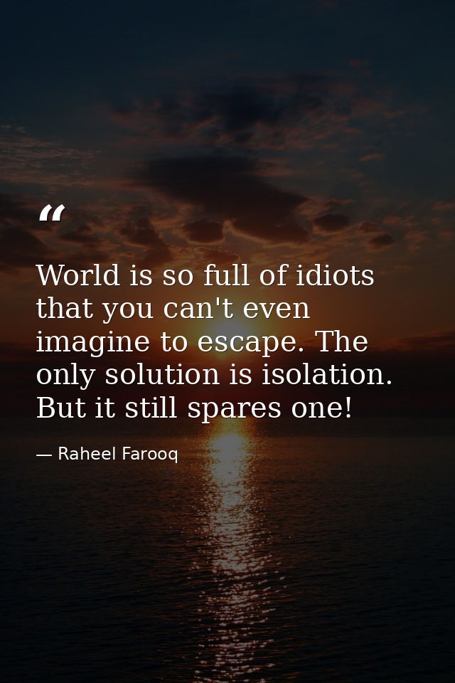 World is so full of idiots that you can't even imagine to escape. The only solution is isolation. But it still spares on — Raheel Farooq