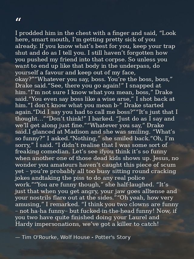 I prodded him in the chest with a finger and said, “Look here, smart mouth, I’m getting pretty sick of you already. If y — Tim O'Rourke, Wolf House - Potter's Story