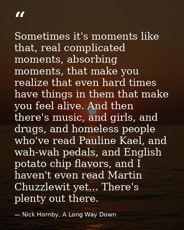 Sometimes it's moments like that, real complicated moments, absorbing moments, that make you realize that even hard time — Nick Hornby, A Long Way Down