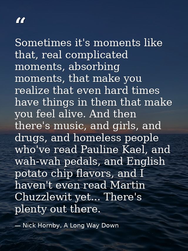 Sometimes it's moments like that, real complicated moments, absorbing moments, that make you realize that even hard time — Nick Hornby, A Long Way Down