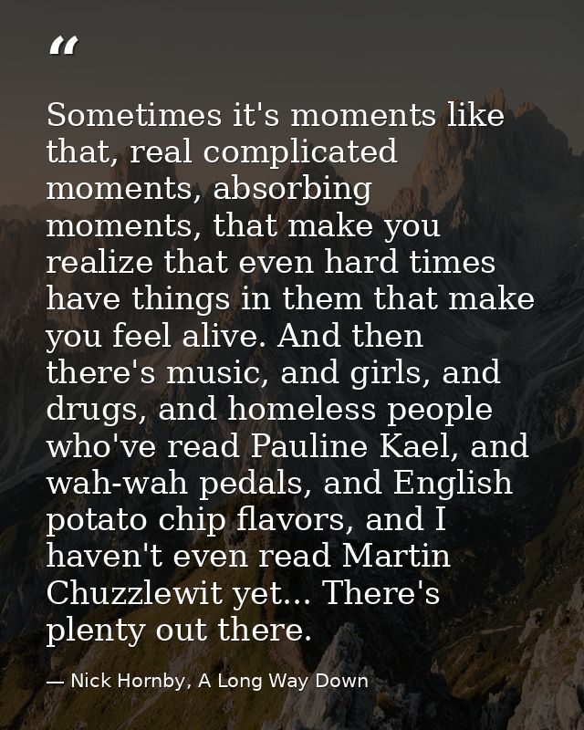 Sometimes it's moments like that, real complicated moments, absorbing moments, that make you realize that even hard time — Nick Hornby, A Long Way Down
