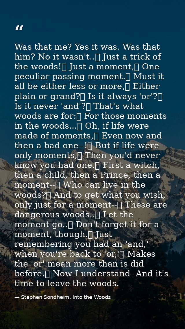 Was that me? Yes it was. Was that him? No it wasn't..	 Just a trick of the woods!	 Just a moment,	 One peculiar passing  — Stephen Sondheim, Into the Woods