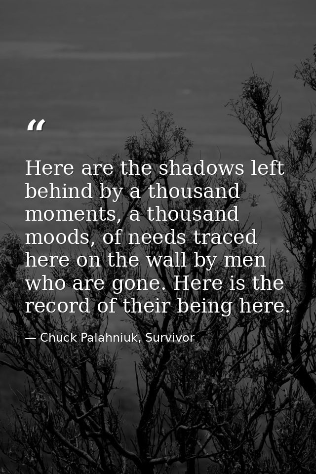 Here are the shadows left behind by a thousand moments, a thousand moods, of needs traced here on the wall by men who ar — Chuck Palahniuk, Survivor