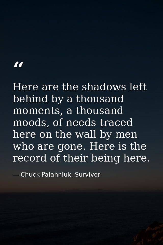 Here are the shadows left behind by a thousand moments, a thousand moods, of needs traced here on the wall by men who ar — Chuck Palahniuk, Survivor
