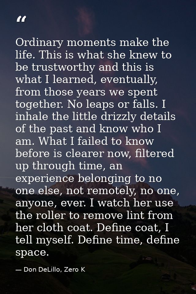 Ordinary moments make the life. This is what she knew to be trustworthy and this is what I learned, eventually, from tho — Don DeLillo, Zero K