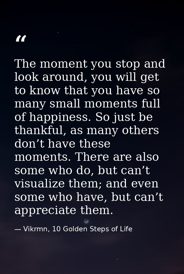 The moment you stop and look around, you will get to know that you have so many small moments full of happiness. So just — Vikrmn, 10 Golden Steps of Life
