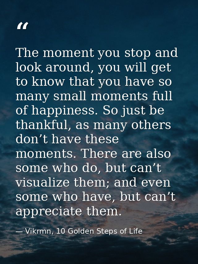 The moment you stop and look around, you will get to know that you have so many small moments full of happiness. So just — Vikrmn, 10 Golden Steps of Life