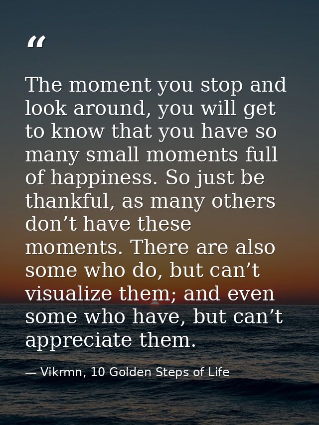 The moment you stop and look around, you will get to know that you have so many small moments full of happiness. So just — Vikrmn, 10 Golden Steps of Life