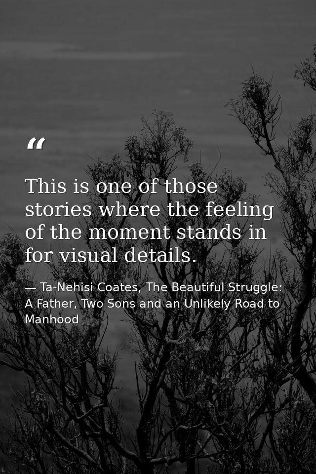 This is one of those stories where the feeling of the moment stands in for visual details. — Ta-Nehisi Coates, The Beautiful Struggle: A Father, Two Sons and an Unlikely Road to Manhood