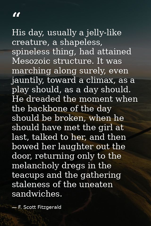 His day, usually a jelly-like creature, a shapeless, spineless thing, had attained Mesozoic structure. It was marching a — F. Scott Fitzgerald