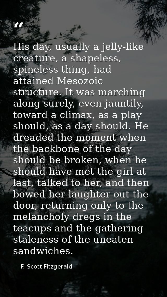 His day, usually a jelly-like creature, a shapeless, spineless thing, had attained Mesozoic structure. It was marching a — F. Scott Fitzgerald