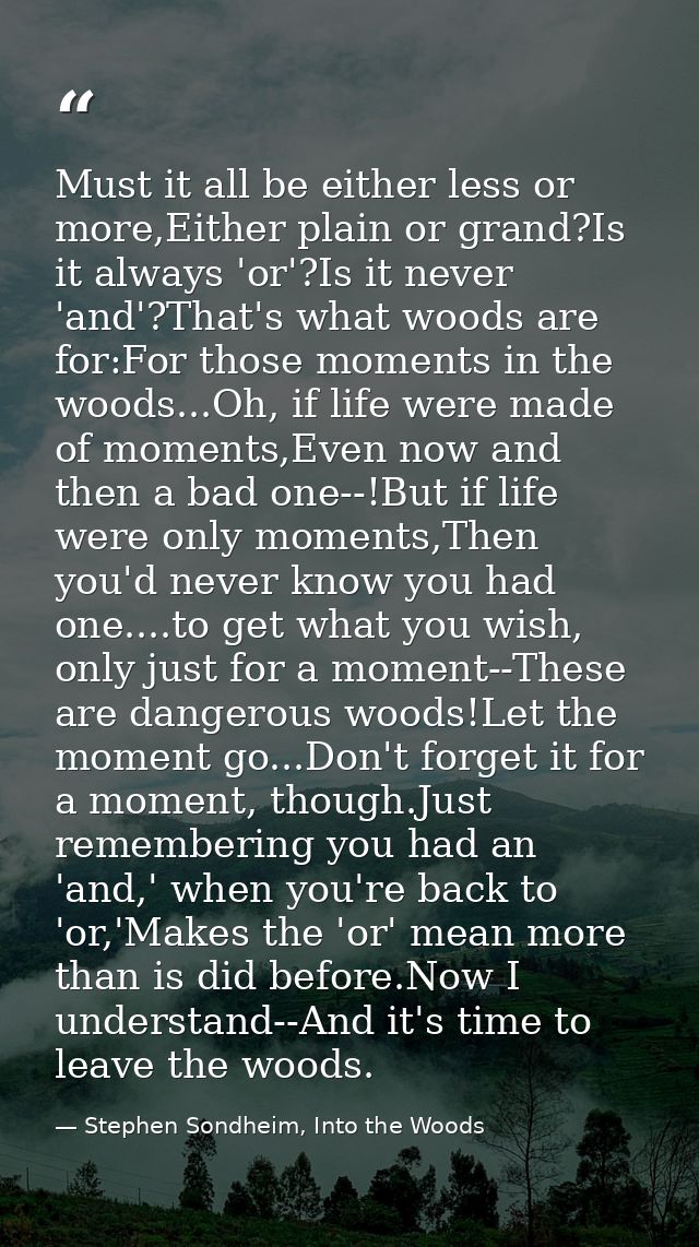 Must it all be either less or more,Either plain or grand?Is it always 'or'?Is it never 'and'?That's what woods are for:F — Stephen Sondheim, Into the Woods