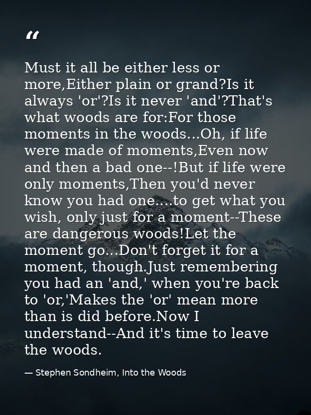 Must it all be either less or more,Either plain or grand?Is it always 'or'?Is it never 'and'?That's what woods are for:F — Stephen Sondheim, Into the Woods
