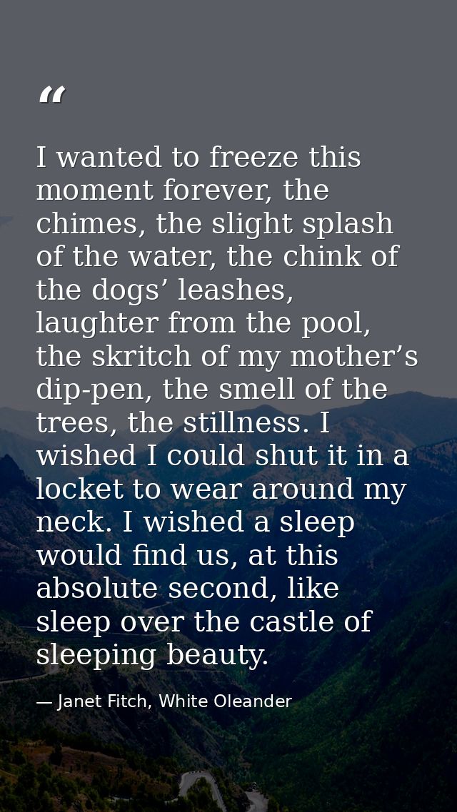 I wanted to freeze this moment forever, the chimes, the slight splash of the water, the chink of the dogs’ leashes, laug — Janet Fitch, White Oleander