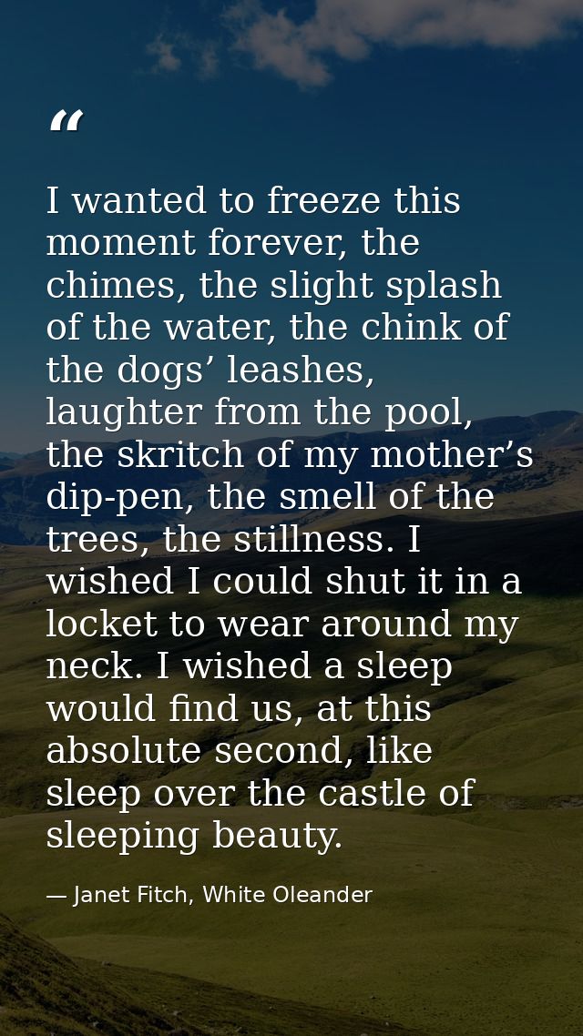 I wanted to freeze this moment forever, the chimes, the slight splash of the water, the chink of the dogs’ leashes, laug — Janet Fitch, White Oleander