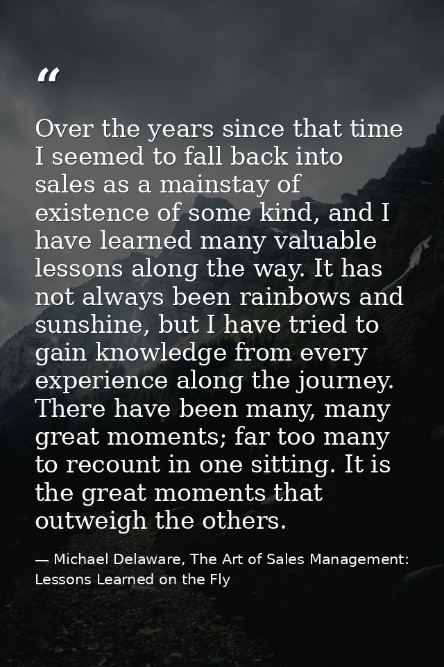 Over the years since that time I seemed to fall back into sales as a mainstay of existence of some kind, and I have lear — Michael Delaware, The Art of Sales Management: Lessons Learned on the Fly