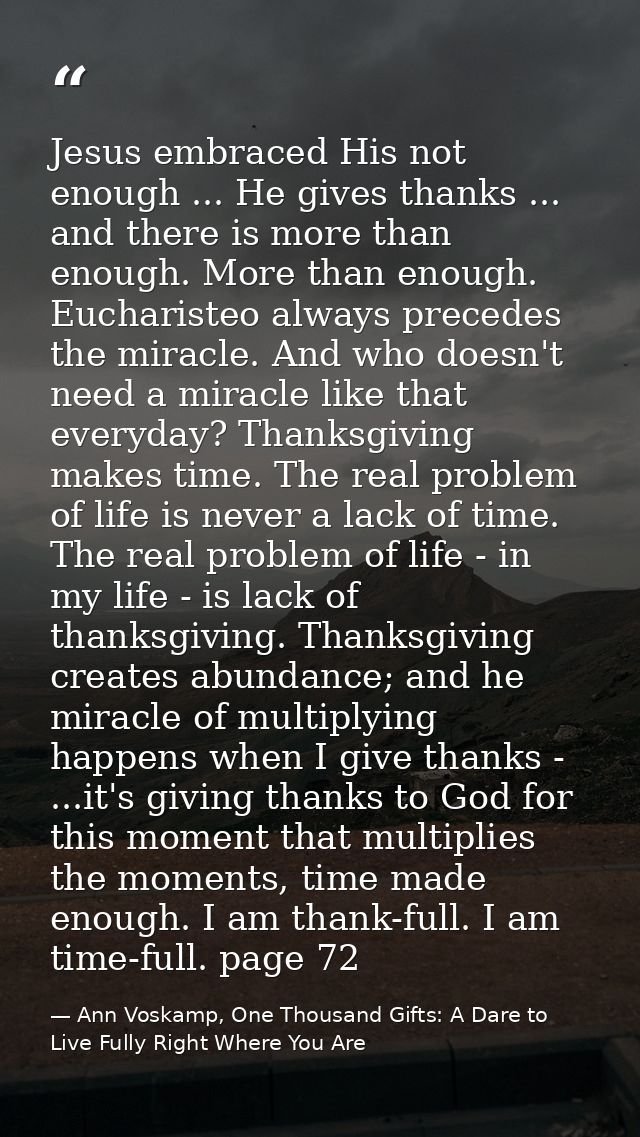 Jesus embraced His not enough ... He gives thanks ... and there is more than enough. More than enough. Eucharisteo alway — Ann Voskamp, One Thousand Gifts: A Dare to Live Fully Right Where You Are