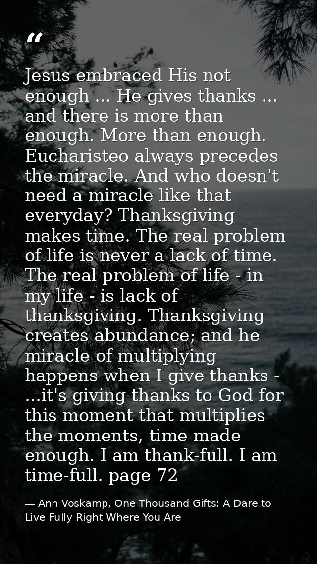 Jesus embraced His not enough ... He gives thanks ... and there is more than enough. More than enough. Eucharisteo alway — Ann Voskamp, One Thousand Gifts: A Dare to Live Fully Right Where You Are