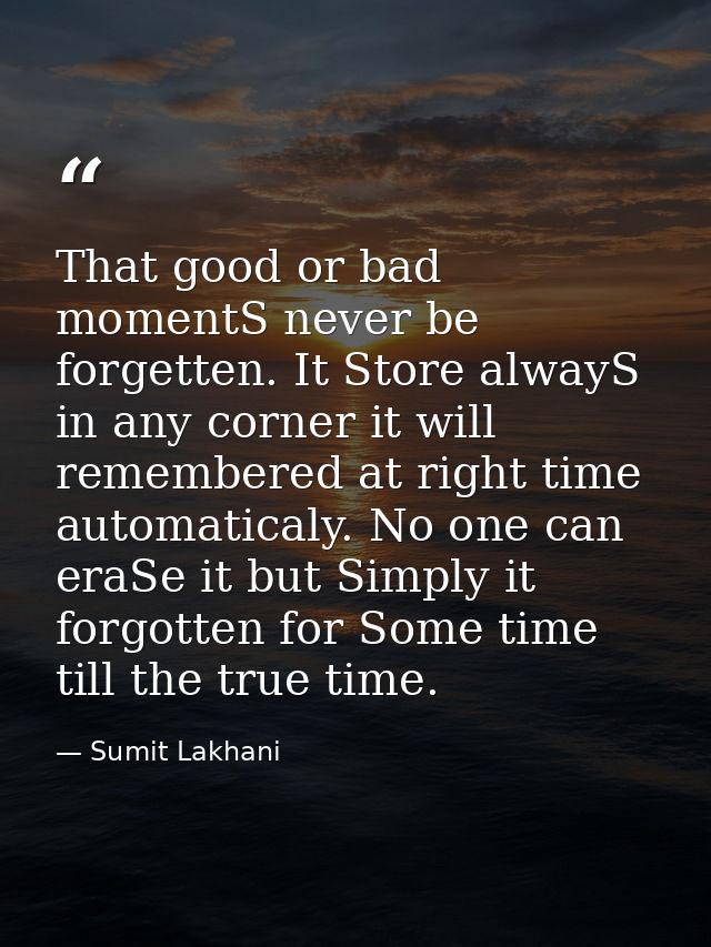 That good or bad momentS never be forgetten. It Store alwayS in any corner it will remembered at right time automaticaly — Sumit Lakhani