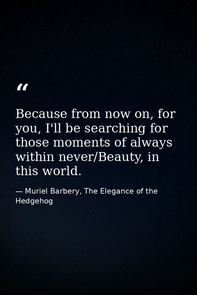 Because from now on, for you, I'll be searching for those moments of always within never/Beauty, in this world. — Muriel Barbery, The Elegance of the Hedgehog