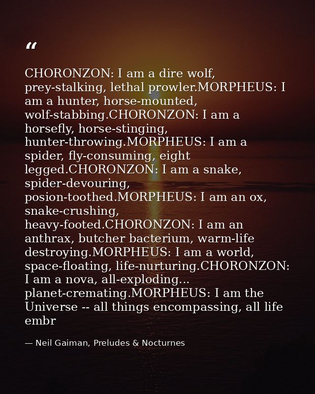 CHORONZON: I am a dire wolf, prey-stalking, lethal prowler.MORPHEUS: I am a hunter, horse-mounted, wolf-stabbing.CHORONZ — Neil Gaiman, Preludes & Nocturnes
