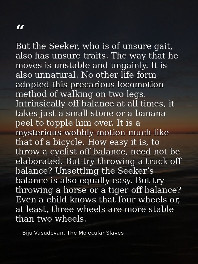 But the Seeker, who is of unsure gait, also has unsure traits. The way that he moves is unstable and ungainly. It is als — Biju Vasudevan, The Molecular Slaves