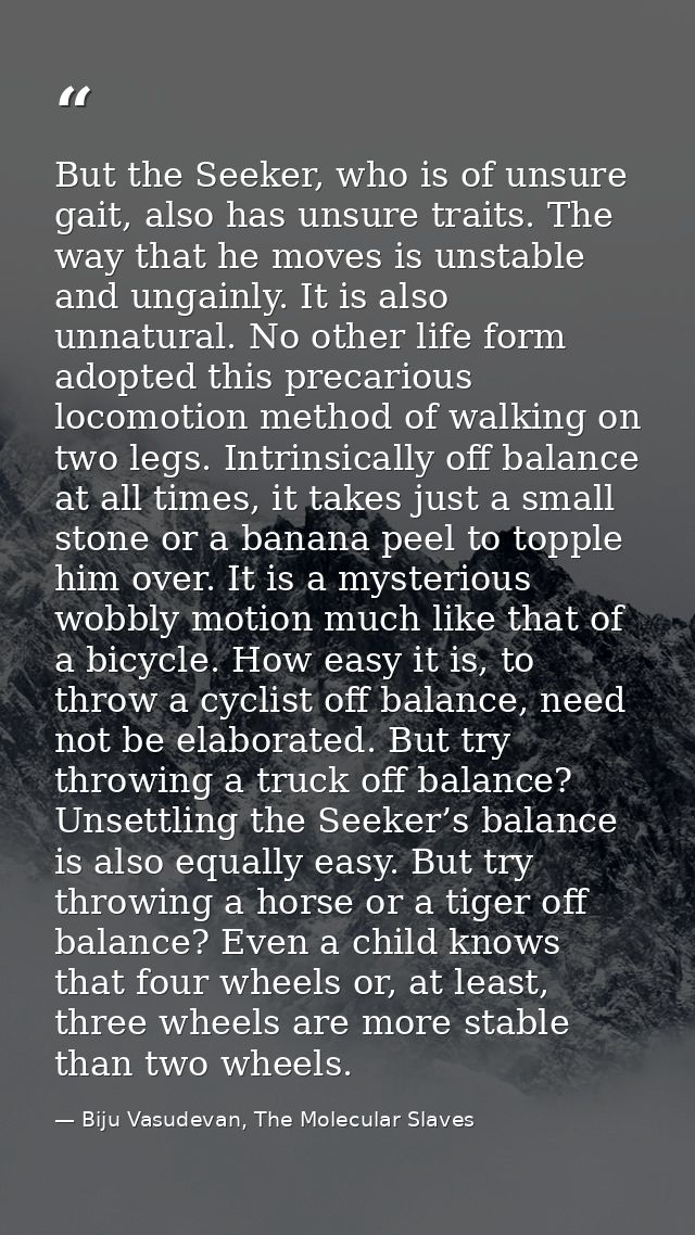 But the Seeker, who is of unsure gait, also has unsure traits. The way that he moves is unstable and ungainly. It is als — Biju Vasudevan, The Molecular Slaves