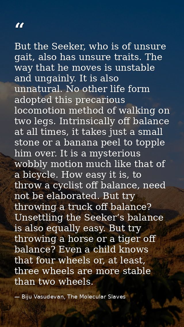 But the Seeker, who is of unsure gait, also has unsure traits. The way that he moves is unstable and ungainly. It is als — Biju Vasudevan, The Molecular Slaves