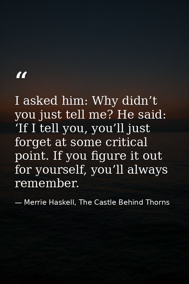 I asked him: Why didn’t you just tell me? He said: ‘If I tell you, you’ll just forget at some critical point. If you fig — Merrie Haskell, The Castle Behind Thorns