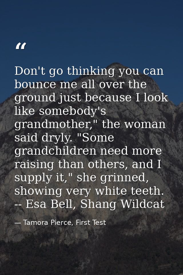 Don't go thinking you can bounce me all over the ground just because I look like somebody's grandmother," the woman said — Tamora Pierce, First Test