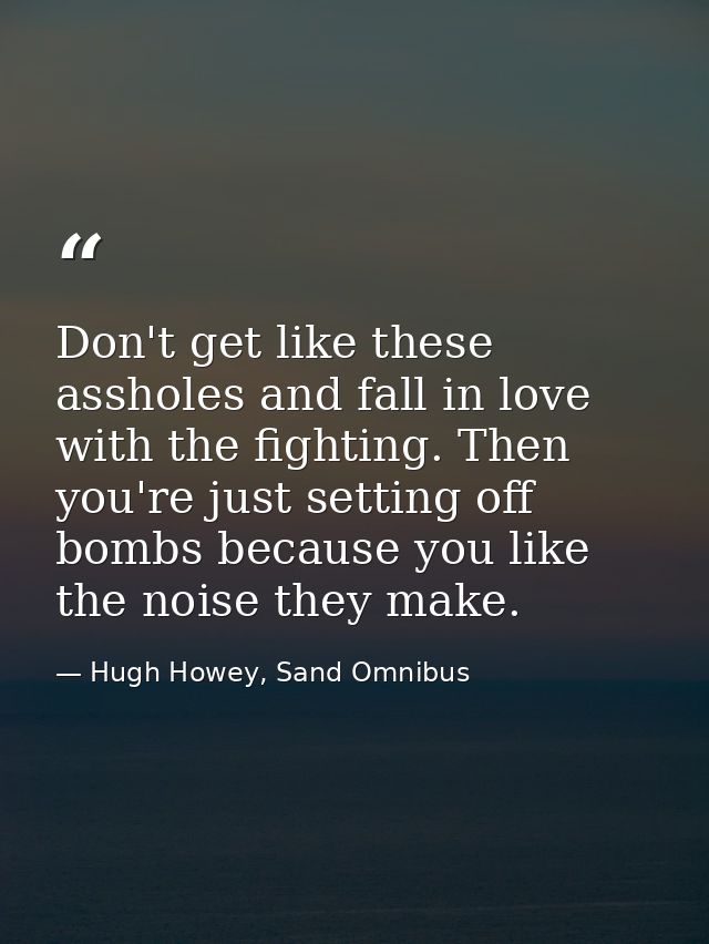 Don't get like these assholes and fall in love with the fighting. Then you're just setting off bombs because you like th — Hugh Howey, Sand Omnibus