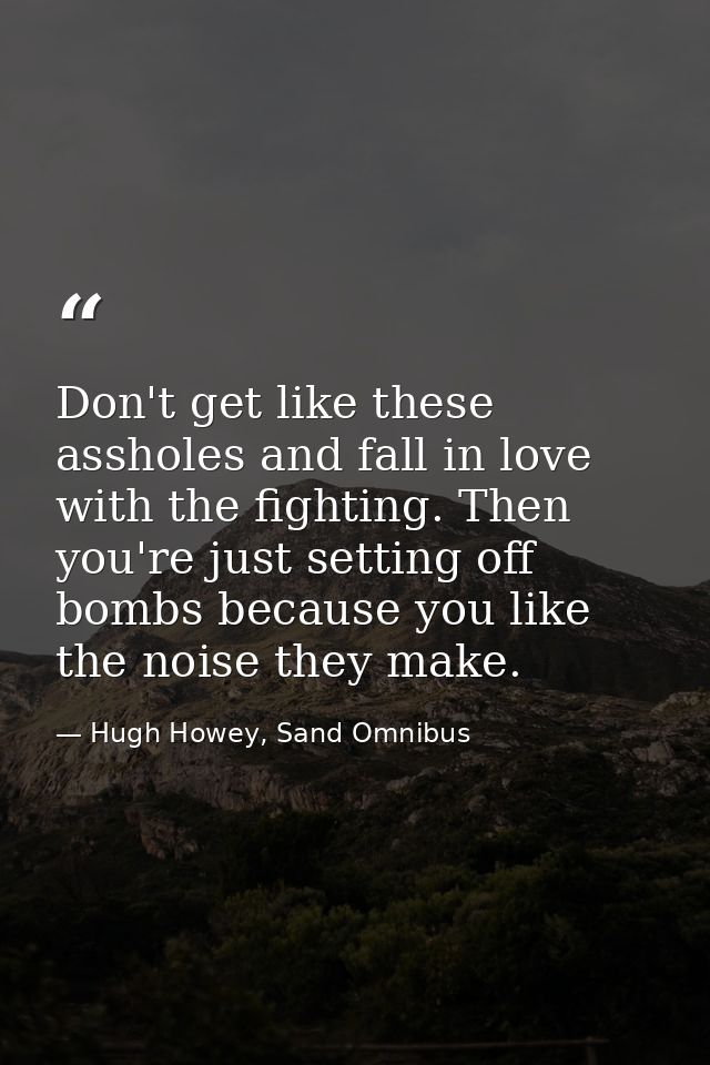 Don't get like these assholes and fall in love with the fighting. Then you're just setting off bombs because you like th — Hugh Howey, Sand Omnibus