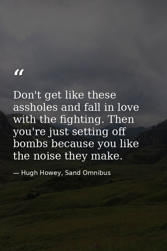 Don't get like these assholes and fall in love with the fighting. Then you're just setting off bombs because you like th — Hugh Howey, Sand Omnibus