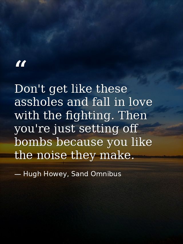 Don't get like these assholes and fall in love with the fighting. Then you're just setting off bombs because you like th — Hugh Howey, Sand Omnibus