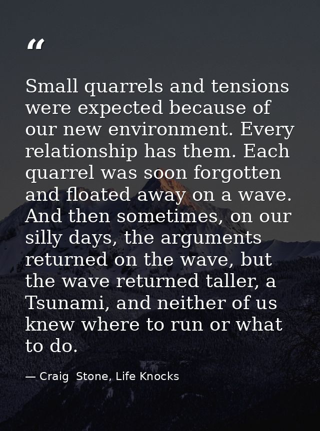 Small quarrels and tensions were expected because of our new environment. Every relationship has them. Each quarrel was  — Craig  Stone, Life Knocks