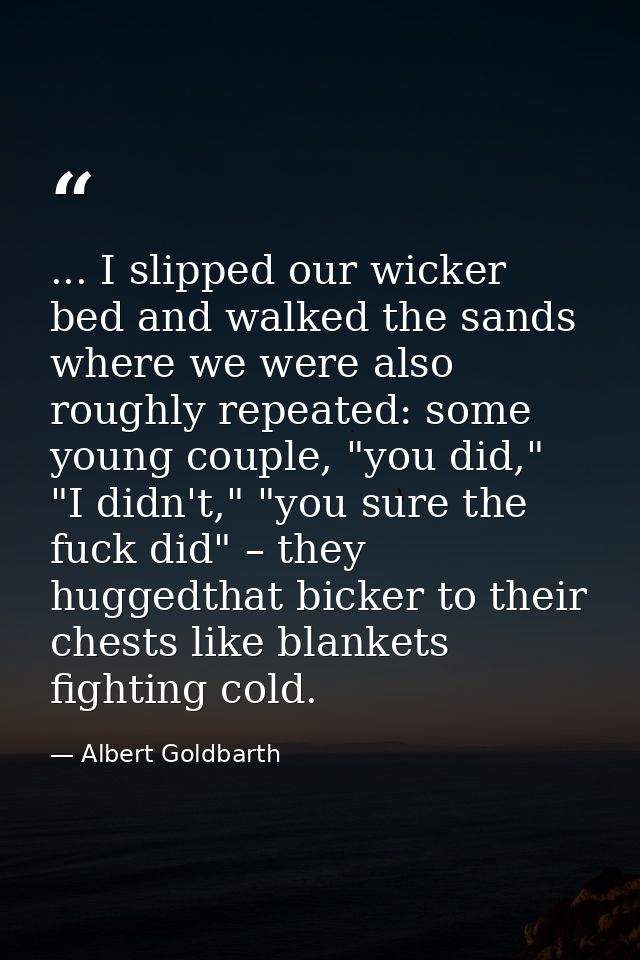 ... I slipped our wicker bed and walked the sands where we were also roughly repeated: some young couple, "you did," "I  — Albert Goldbarth