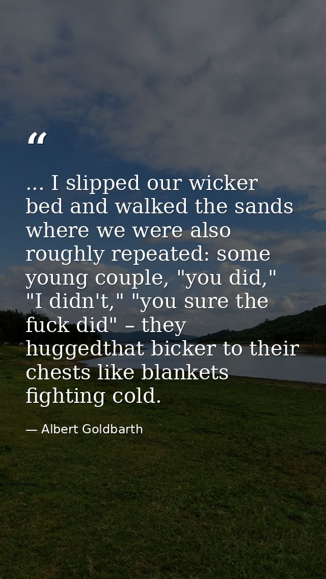 ... I slipped our wicker bed and walked the sands where we were also roughly repeated: some young couple, "you did," "I  — Albert Goldbarth