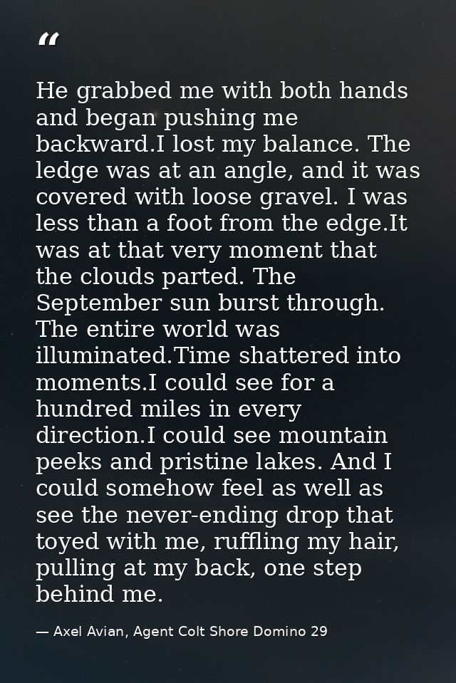 He grabbed me with both hands and began pushing me backward.I lost my balance. The ledge was at an angle, and it was cov — Axel Avian, Agent Colt Shore Domino 29