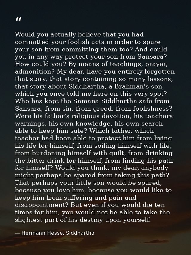 Would you actually believe that you had committed your foolish acts in order to spare your son from committing them too? — Hermann Hesse, Siddhartha