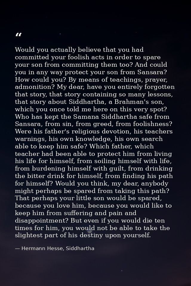 Would you actually believe that you had committed your foolish acts in order to spare your son from committing them too? — Hermann Hesse, Siddhartha