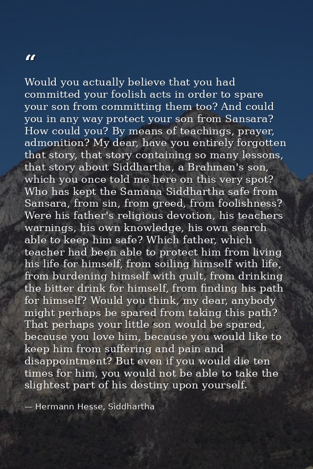 Would you actually believe that you had committed your foolish acts in order to spare your son from committing them too? — Hermann Hesse, Siddhartha