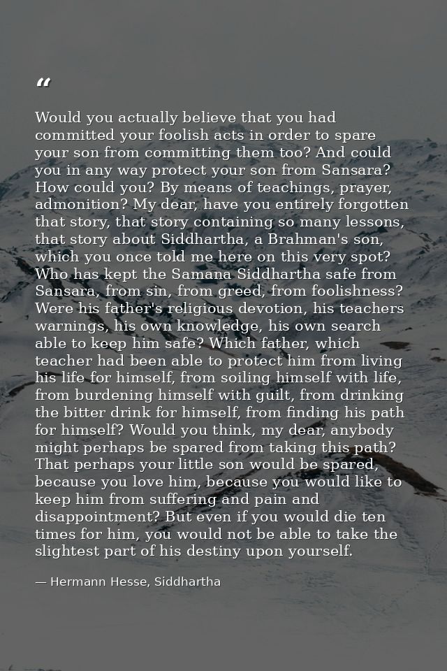 Would you actually believe that you had committed your foolish acts in order to spare your son from committing them too? — Hermann Hesse, Siddhartha