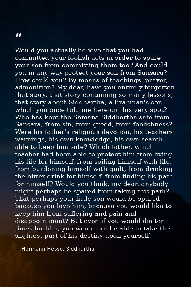 Would you actually believe that you had committed your foolish acts in order to spare your son from committing them too? — Hermann Hesse, Siddhartha